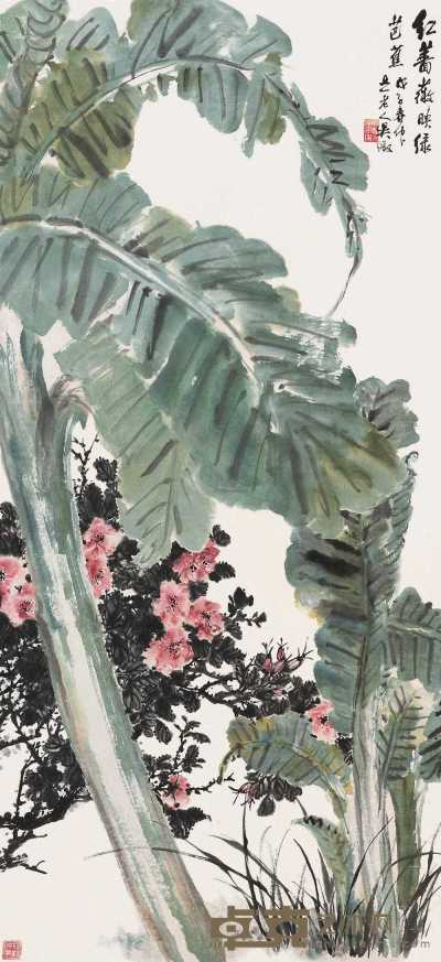 吴徵 戊子（1948年）作 红蔷薇映绿芭蕉 立轴 112.4×52.2cm